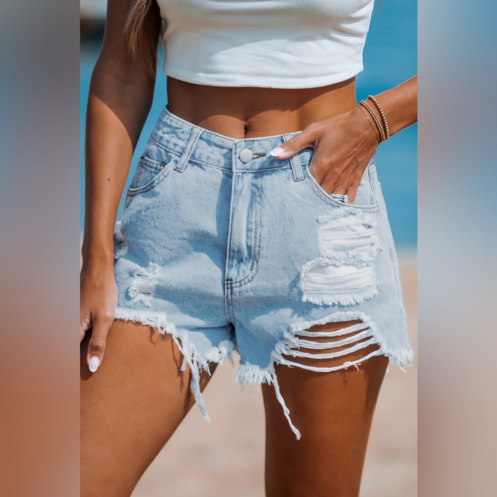 Light Blue Destroyed Denim Shorts